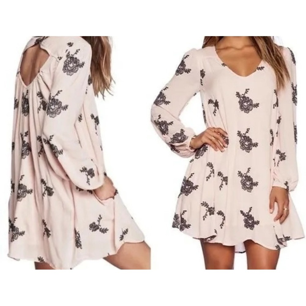 Free People Blush Pink Floral Mini Dress with Black Rose Print